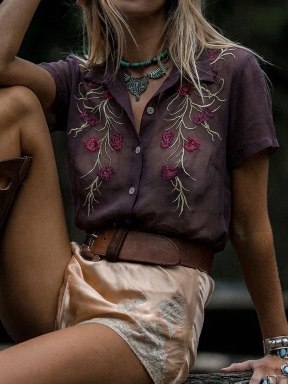 💎Vintage RARE Karen Kane Brown Sheer Button-Down Floral Embroidery Blouse